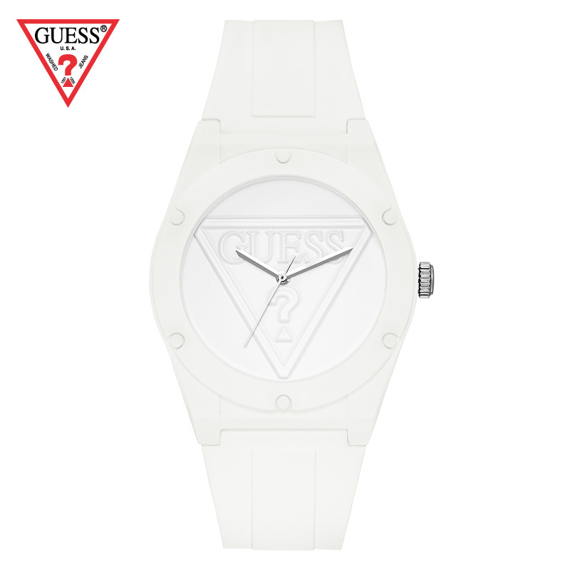 GUESS倒三角LOGO浮雕白色石英硅胶腕表W0979L1