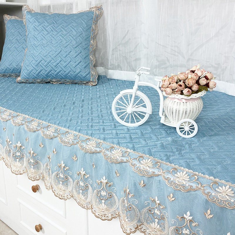 汐岩阳台垫子飘窗垫薄款阳台榻榻米垫子可机洗落地窗毯定做窗台垫夏季 富贵-蓝色(60+15裙摆)*150cm一条