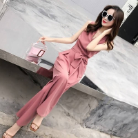 连体阔腿裤女2021夏新款时尚休闲V领修身连衣裤套装学生韩版_米色_S建议95以内斤