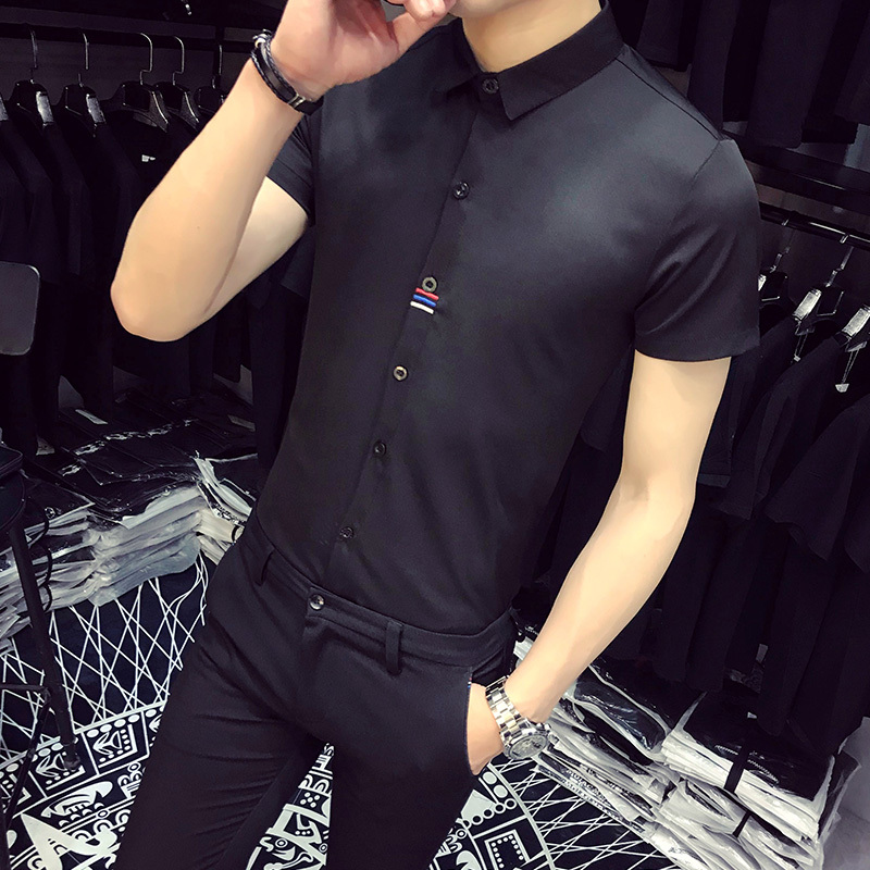 新款简约刺绣七分袖衬衫男型师餐厅中袖工作服衬衫帅气清新衬衣