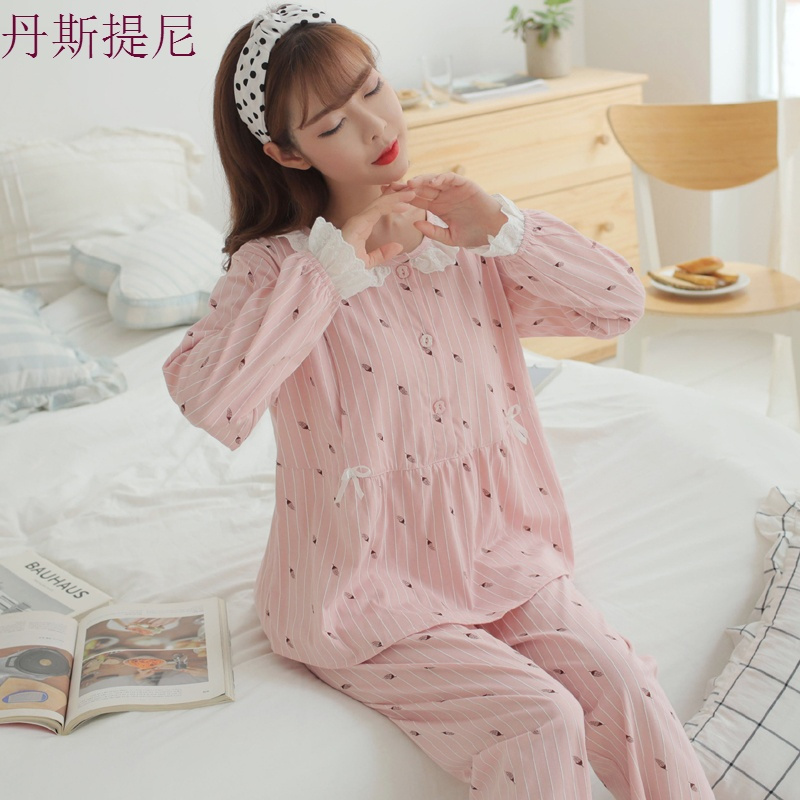 孕妇睡衣秋季纯棉坐月子家居服蕾丝哺乳期加肥加大产后喂奶冬套装