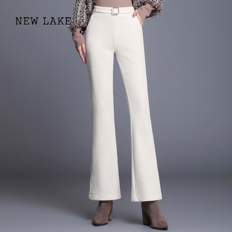 newlake加厚雪尼尔微喇裤女士高腰垂感春季新款喇叭条绒休闲长裤子