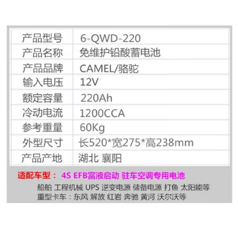 骆驼 蓄电池12V220Ah 6-QWD-220 只高清大图