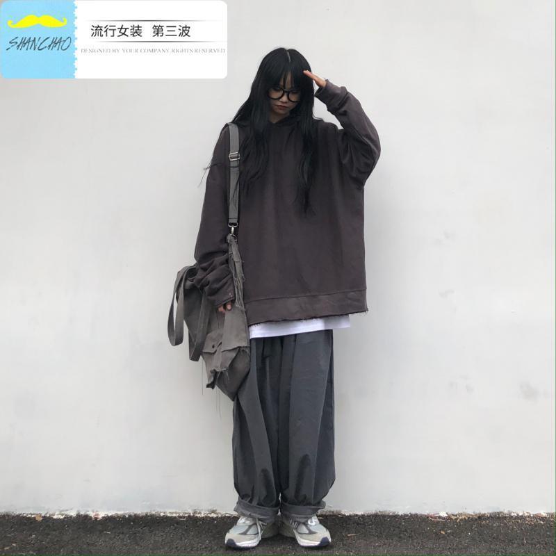 闪潮珍珍很懒韩国街头慵懒风oversize宽松毛圈反穿连帽长袖卫衣男女