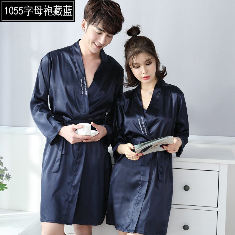 家柏饰(CORATED)韩版春秋季情侣睡袍浴袍睡衣女睡裙夏季男长袖冰丝家居服 1055字母袍（藏蓝） 女XL(120-140斤)