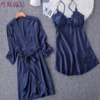 结婚性感睡衣女夏季带睡裙两件套带胸垫丝绸酒红家居服春秋夏天