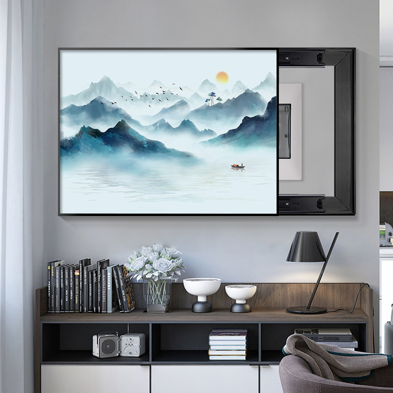 新中式电表箱装饰画免打孔 规格千山万水C摩登黑框60*50cm左推拉水晶面