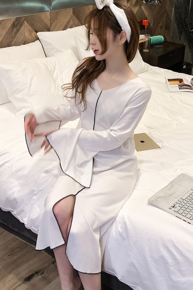 hlcoman睡裙女春秋长袖棉色性感女人开叉中长款连体睡衣可外穿家居服