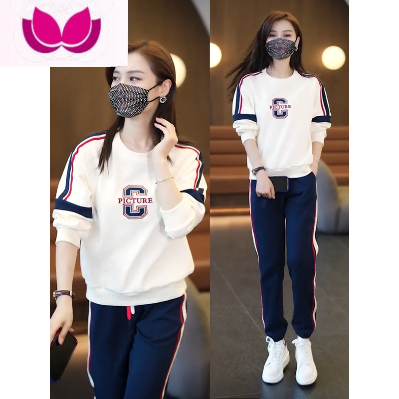 七斓休闲运动服套装女2023春季新款时尚减龄卫衣卫裤宽松跑步服套 L101-110斤 米白色套装