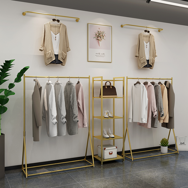 主流服装店展示架金色女装店货架落地式组合高档童装挂衣服架子视频