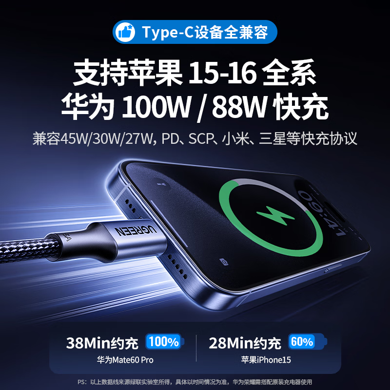 绿联(UGREEN)Type-C数据线双头PD100W快充ctoc车载充电线适用iPhone16/华为/1.5m高清大图