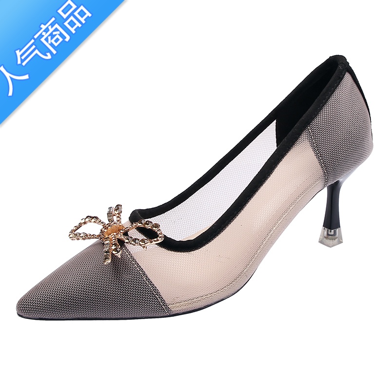 SUNTEK女鞋2023年夏季新款网纱包头凉鞋女尖头蝴蝶结性感高跟鞋高清大图