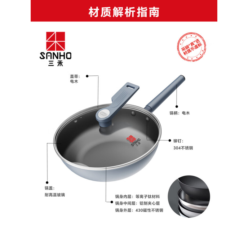 三禾(SANHO) 0涂层不粘炒锅32cm LC32S6 黛蓝青(单位:个)高清大图