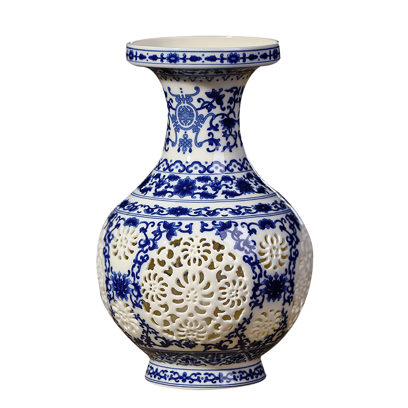 粉彩镂空花瓶陶瓷器薄胎镂空古典花瓶客厅家居装饰工艺品摆件青花苹果瓶