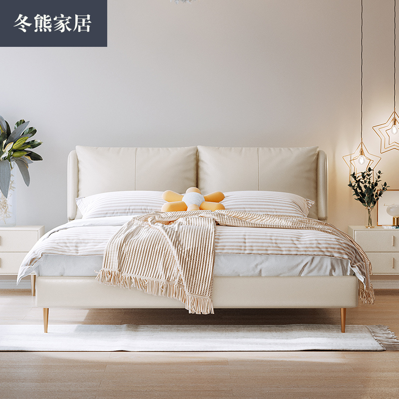 冬熊侘寂风轻奢网红真皮床北欧简约现代双人主卧室18米白色婚床
