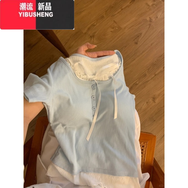 YIBUSHENG蓝色短袖正肩t恤女蝴蝶结2024季新款修身显瘦收腰短款好看上袖高清大图