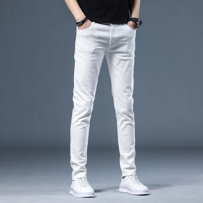 白色常规长裤27香港高端2021白色牛仔裤男小脚潮牌修身直筒休闲破洞裤
