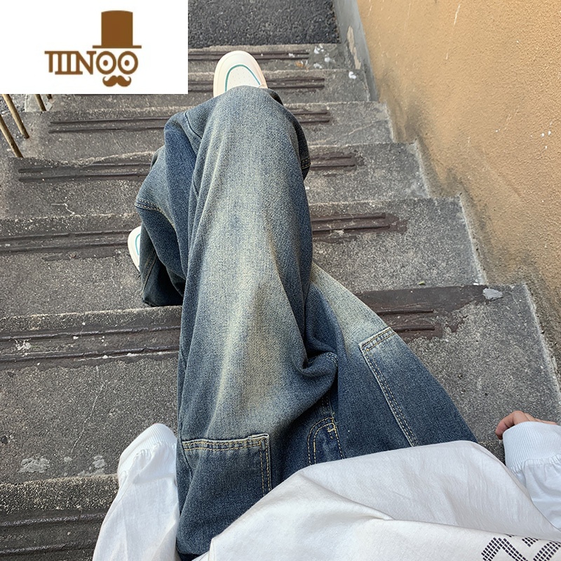 YANXU牛仔裤男夏季美式复古宽松直筒阔腿长裤高街vibe水洗做旧拖地式做高清大图