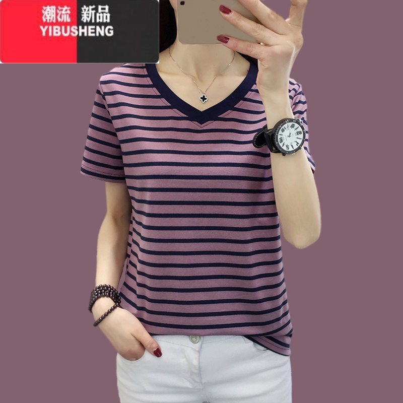 YIBUSHENG2024装新款V领短袖t恤女宽松上衣服中年妈妈半袖条纹小衫 827紫色 4XL建议160-180斤