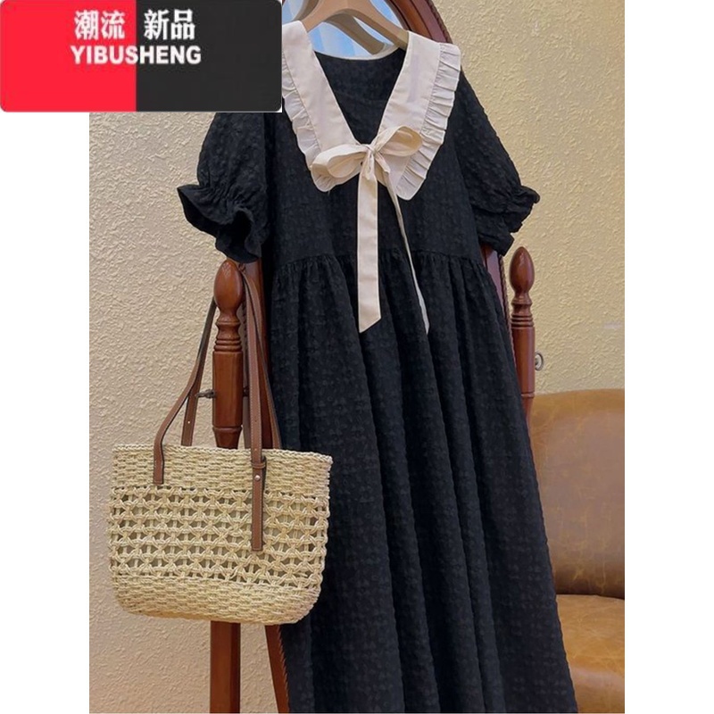YIBUSHENG胖mm2-300斤大码法式提花娃娃领连衣裙女季遮肚显瘦a字中长裙子