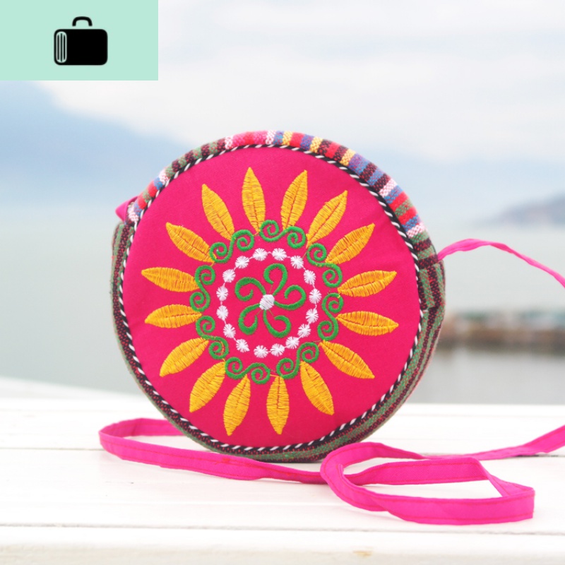 民族风刺绣包包绣花单肩斜跨休闲小钱包太阳花零钱包手机包女包包NEWLAKE 粉色太阳花包