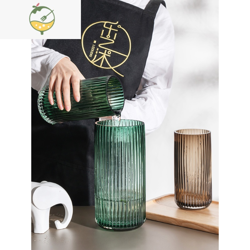 YICHENG北欧简约创意玻璃花瓶透明罗马柱式花器客厅餐桌插花花瓶装饰摆件 暗夜绿小号 中等