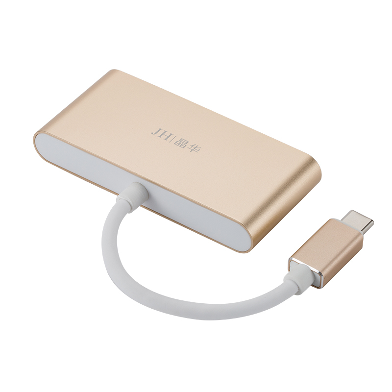JH晶华 type-C转USB+PD接口转换器USB-C3.0HUB分线器苹果电脑扩展双USB 一变四出 金色