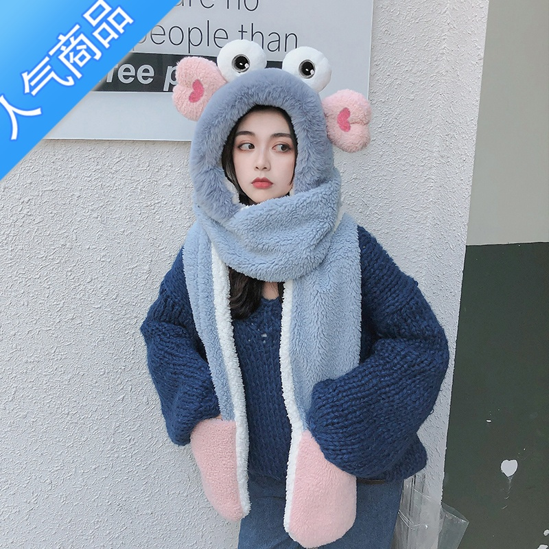 SUNTEK2021连帽围巾女冬季可爱少女百搭韩版毛绒帽子围脖一体冬手套小熊