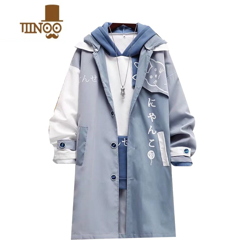 YANXU日系ins潮流卡通猫咪外套男潮牌中长款宽松青少年加绒风衣高清大图