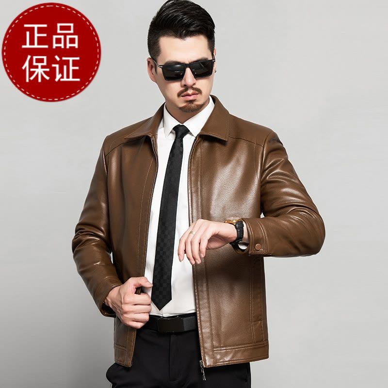 免费试穿 海宁真皮皮衣男翻领绵羊皮夹克春秋季外套男中老年爸爸装皮夹克男海宁真皮绵羊皮图片