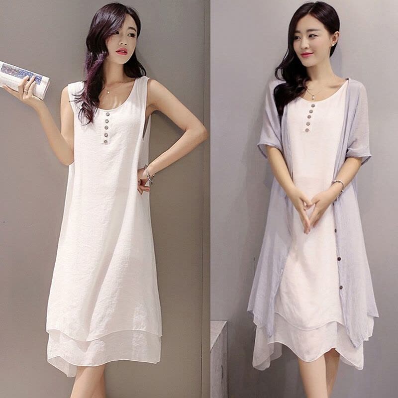 迪鲁奥(DILUAO)孕妇连衣裙春夏时尚新款宽松大码中长款文艺复古孕妇裙韩版大版短袖背心披肩开衫两件套裙子怀孕期夏装长裙图片