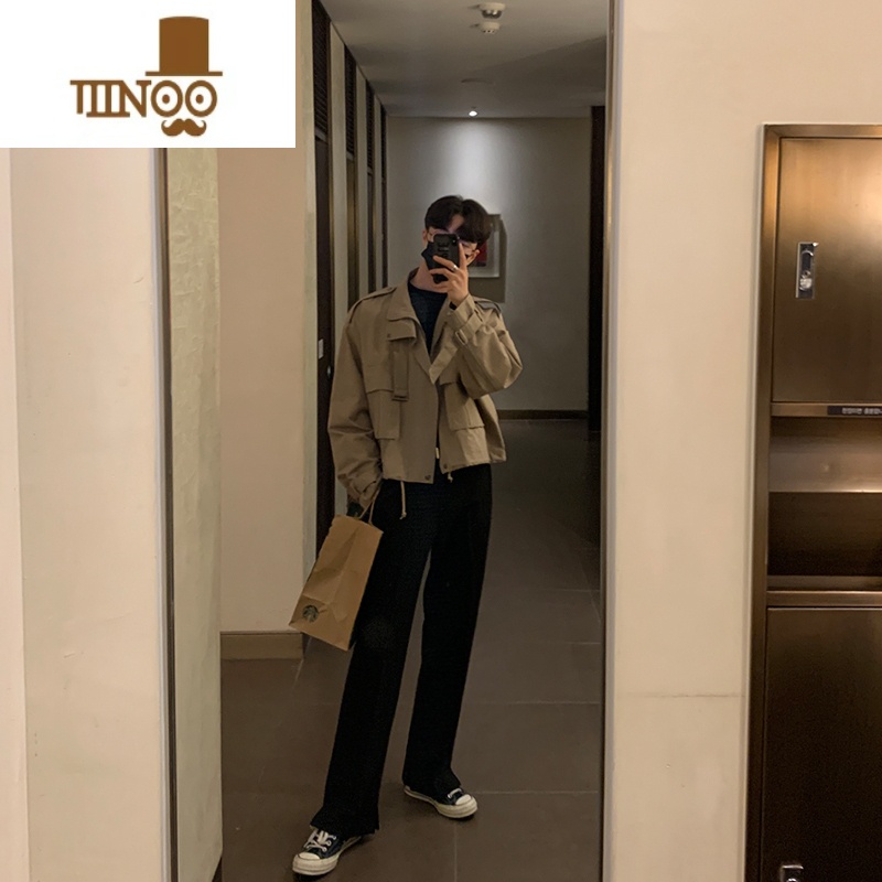 YANXU轻熟风帅气男士外套韩版设计感潮流假翻领复古工装夹克高清大图