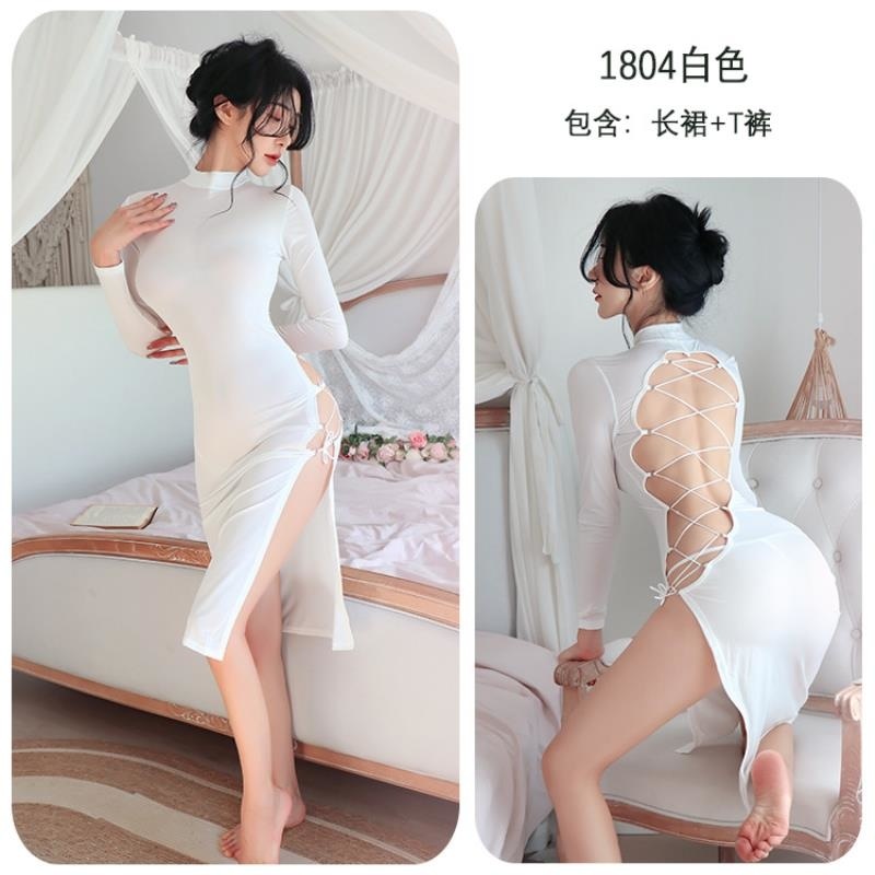 长夜漫漫情趣内衣欧美跨境外贸性感露背斜边开叉系带旗袍长袖1804高清大图