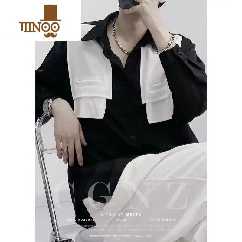 YANXU设计师款黑白拼色衬衫男长袖假冷淡风韩版衬衣潮牌感男装图片