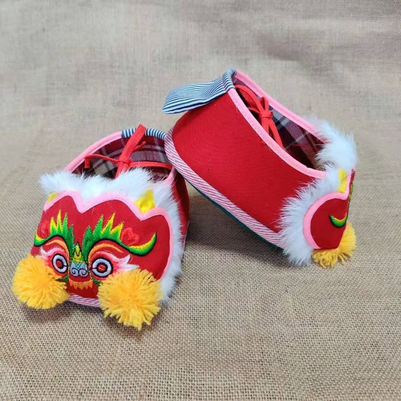 虎头鞋婴儿传统手工连脚包脚套脚棉裤老虎头鞋男女宝宝抓周猫头鞋红色