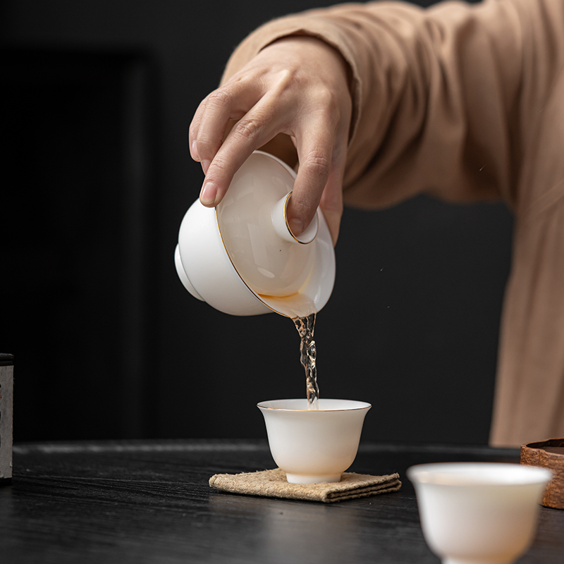 苏氏陶瓷(SUSHI CERAMICS)羊脂玉描金三才盖碗功夫茶具泡茶碗带两杯