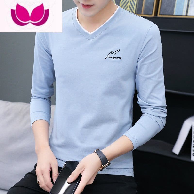 七斓男士秋装上衣2023秋v领t恤长袖修身男装内搭秋季打底衫潮流体恤丅图片
