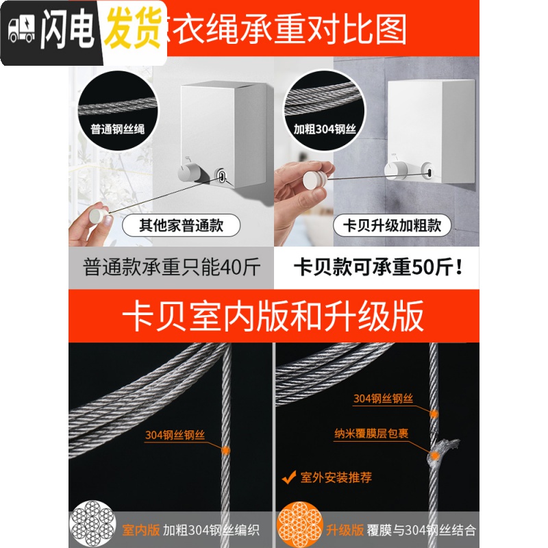 三维工匠凉衣绳阳台收缩晒衣钢丝室内免打孔可伸缩晾衣架隐形壁挂 富贵金-室内款晾衣架配件高清大图