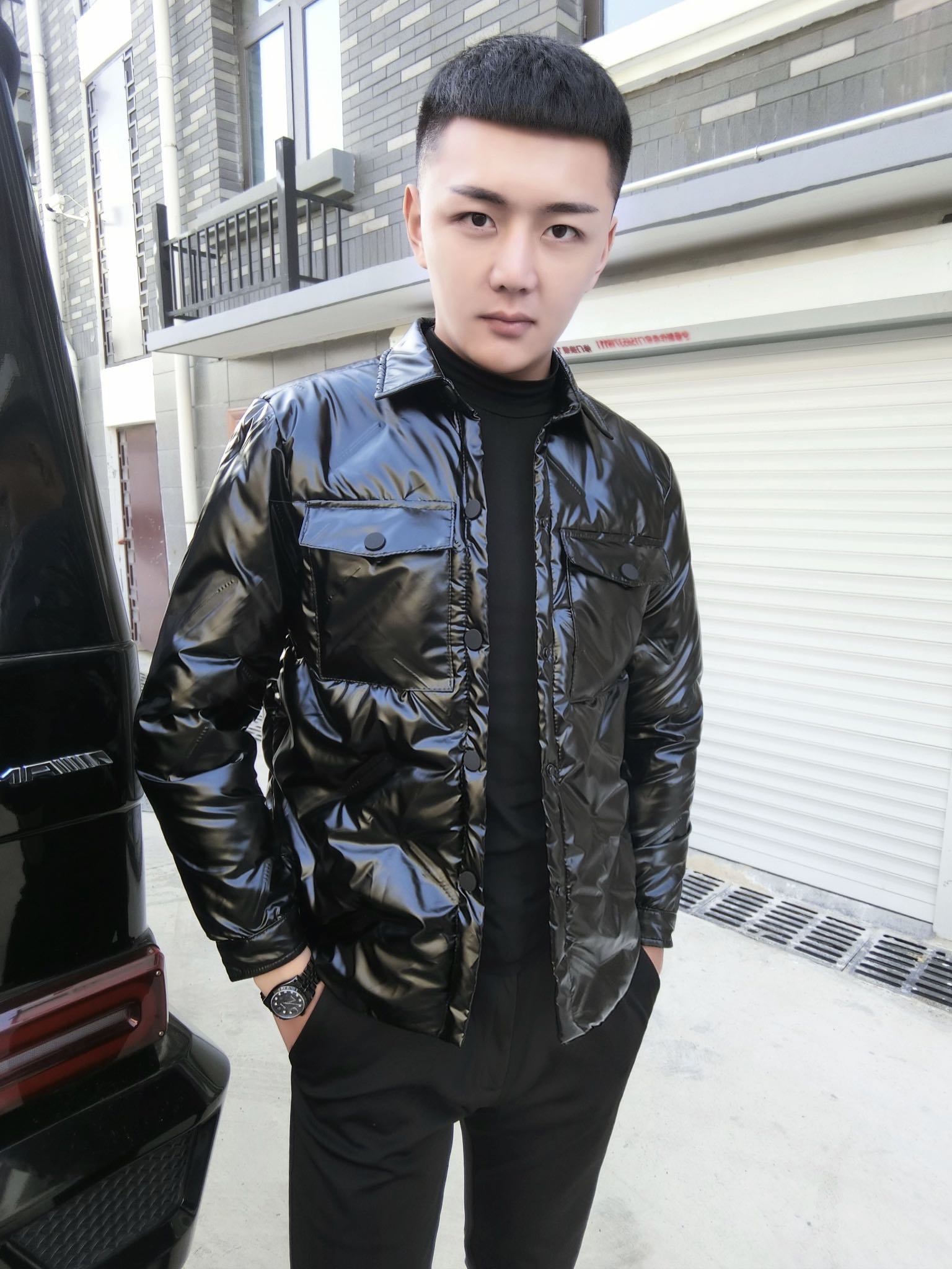 yuansu柏商v冬季男士翻领港风亮面pu棉服夹克外套社会