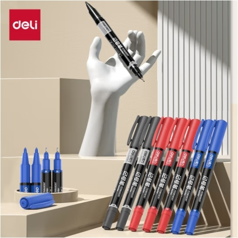 得力(deli)混色双头油性记号笔签字笔 办公物流会议笔马克笔 学生儿童美术勾线笔 6黑3蓝3红 12支/盒6824