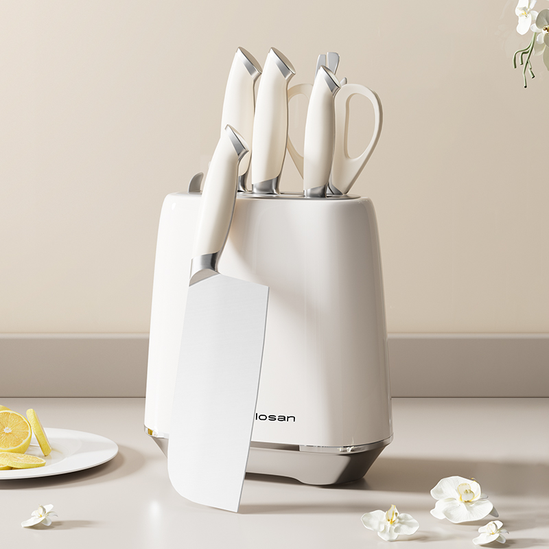 温仑山 瓷光奶油鹅卵石刀具6件套(砍骨刀+切片刀+厨师刀+水果刀+厨师剪+收纳底座)VE075 / 套高清大图