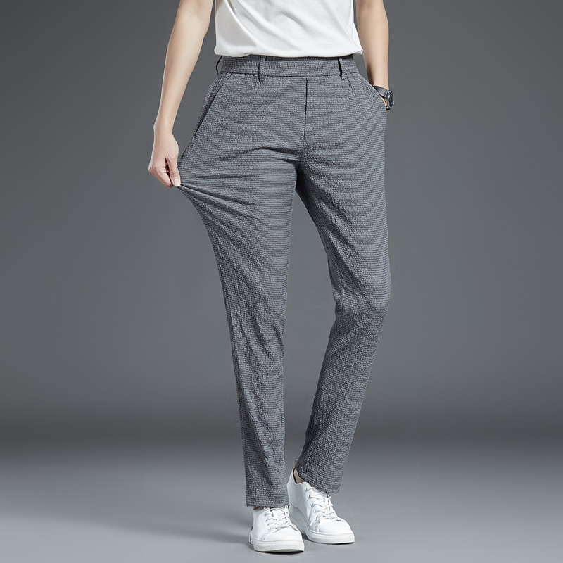 薄款冰丝凉爽休闲裤男士褶皱肌理纹松紧腰长裤子夏季直筒潮流男高清大图