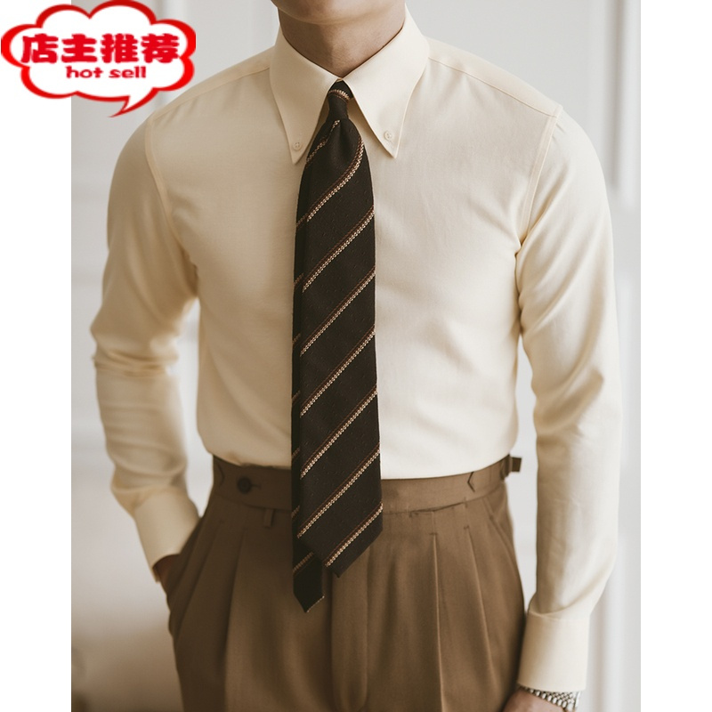 shanchao休闲牛津纺衬衫男长袖秋季商务修身大尖领衬那不勒斯百搭免烫