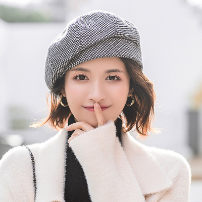贝雷帽女夏韩版潮英伦复古蓓蕾画家帽子秋冬季时尚百搭春秋八角帽 293千鸟格-黑色(热卖色) ★常规均码★(55-58cm