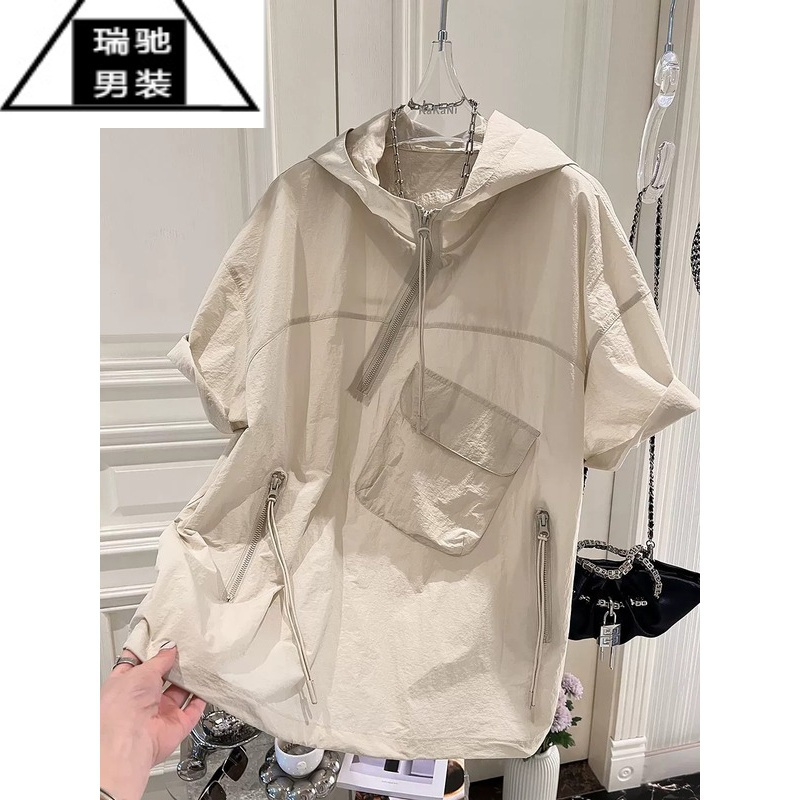 希杰狮王特大码300斤欧货设计感不规则连帽短袖T恤男夏季小众防晒衣上衣潮