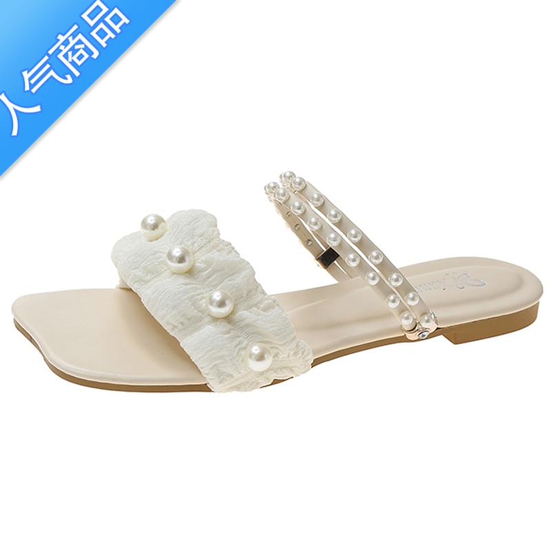 SUNTEK小香风拖鞋女夏外穿2023年新款珍珠平底低跟两穿超火仙女法式凉鞋高清大图