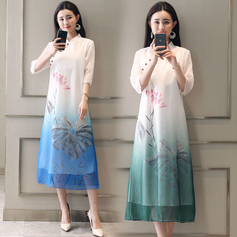 古风连衣裙女夏女士新品水墨印花中国风仙女范气质淑雅长裙子