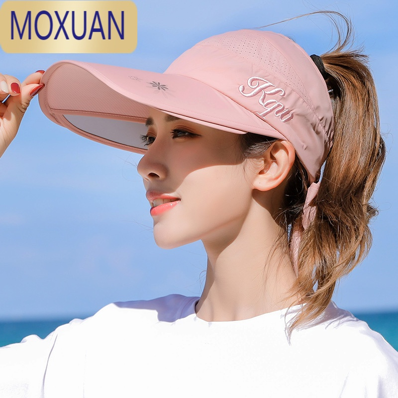 MOXUAN遮阳帽女士夏季户外骑行空顶可伸缩大檐遮脸防晒太阳帽子
