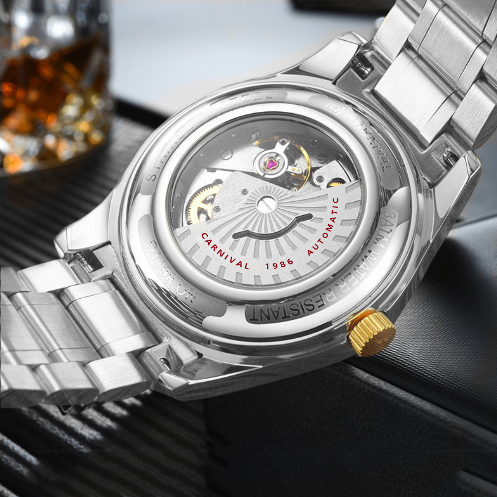瑞士嘉年华Carnival正品新款手表全自动机械表 男表休闲时尚镶钻间金双日历手表男士防水金属腕表男士表8671高清大图