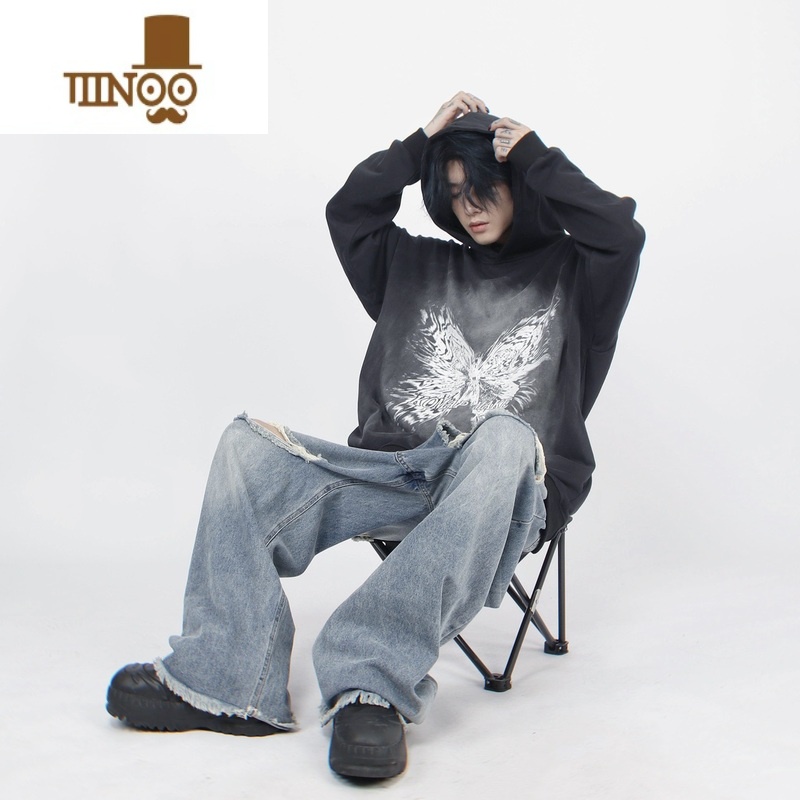 YANXUMz 美式复古做旧水洗晕染印花连帽卫衣男小众高街情侣帽衫潮秋季高清大图